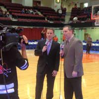 <p>David Resnick, left, now play-by-play announcer for te Westchester Knicks, got his start calling games at New Rochelle High School.</p>