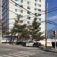 <p>A police cruiser blocks Hillandale Avenue close to Stamford High School on Tuesday afternoon after a bomb threat.</p>