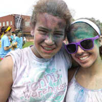 <p>Alana Kerner, left, and Olivia Lopez, both students at the Benjamin Franklin Middle School, participated in the color run.</p>