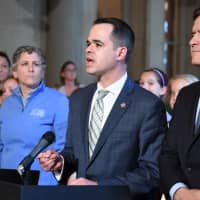 <p>State Sen. David Carlucci speaking at Thursday&#x27;s Albany press conference with Susie Luper, left and Sen.Brad Hoylman, D-Manhattan, on the right.</p>