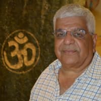 <p>Dinesh Khosla at the entrance of the temple, standing in front of a 7,000-pound stone waterfall. Painting on it is the Sanskrit symbol for &quot;Om,&quot; the first eternal sound.</p>
