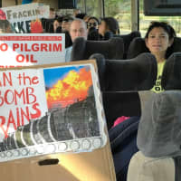 <p>Two dozen anti-fracking activists boarding a bus from Paramus Sunday morning to join the March for a Clean Energy Revolution.</p>