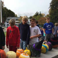 <p>Sixth-grade students at Bronxville School line up for the Oct. 27 pumpkin display.</p>