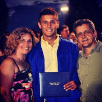<p>Arun and his parents, Aileen and Sef, at Mahopac High graduation in 2014.</p>