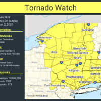 <p>A look at areas (in yellow) covered by the Tornado Watch.</p>