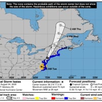 <p>A look at the latest projected track for Isaias, released Tuesday morning, Aug. 4 by the National Hurricane Center.</p>