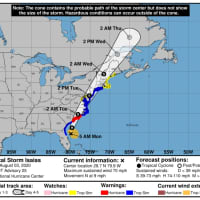 <p>A look at the latest projected path and timing for Tropical Storm Isaias, released Monday morning, Aug. 3 by the National Weather Service.</p>