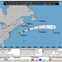 <p>A look at the projected five-day path for newly named Tropical Storm Kyle, released Saturday morning, Aug. 15.</p>