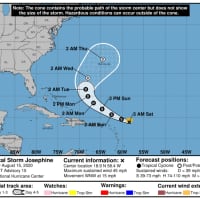<p>A look at the latest projected five-day path for Tropical Storm Josephine, released Saturday morning, Aug. 15.</p>