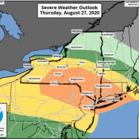<p>Scattered, severe storms are most likely in the area in orange.</p>