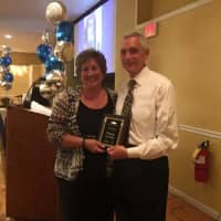 <p>Dominic Gerardo receives his plaque at the first St. Anne Hall of Fame dinner in Fair Lawn Oct. 23. </p>
