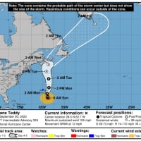 <p>A look at the latest projected track and timing for Hurricane Teddy.</p>