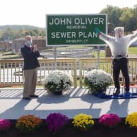 <p>Danbury Mayor Mark Boughton with John Oliver at the city&#x27;s newly minted sewer plant.</p>