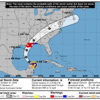 <p>The latest projected path for Tropical Storm Zeta, released Tuesday morning, Oct. 27.</p>