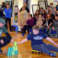 <p>Nick Folk does relay races with Carlstadt Public School students.</p>