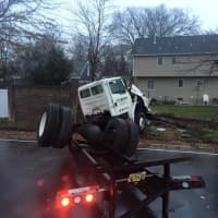 <p>An overturned tractor-trailer tied up traffic on Route 17 Tuesday morning.</p>