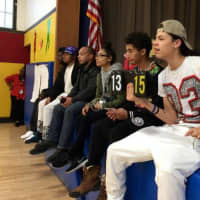 <p>Students keep score at a new lunchtime tradition of basketball at Peekskill High School Summit Academy.</p>