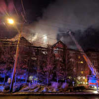 <p>The fire continues to burn into the early evening in a condo building on Richards Avenue in Norwalk.</p>