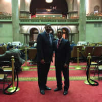 <p>Mount Vernon Superintendent of Schools Kenneth Hamilton and Mayor Richard Thomas at the New York State Capitol on Wednesday.</p>