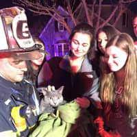 <p>Dumont Fire Capt. Sean Coyle reunites the family cat -- found underneath a couch by firefighter Zac Blake -- with theMerritt Avenue homeowners.</p>