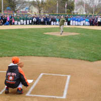 <p>Rutherford&#x27;s ceremonial first pitch.</p>