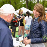 <p>Eileen Geraghty of Upper Saddle Rive at Lacing Up for Freedom, a fund- and consciousness-raising event for Durga Tree International at the Duck Pond in Ridgewood.</p>
