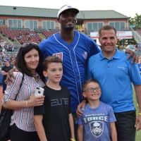 <p>Former New York Giants wide receiver Plaxico Burress posed for a picture with Dutchess County Executive Marc Molinaro and his son, Jack, during Brad Wing&#x27;s Celebrity Softball Game at Dutchess Stadium.</p>