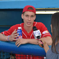 <p>New York Giants punter Brad Wing is interviewed at his Celebrity Softball Game at Dutchess Stadium.</p>