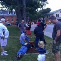 <p>Staatsburg Fire Commissioner Todd Bender and Firefighter Chris Johnson work to save a little girl&#x27;s My Little Pony from a storm drain.</p>
