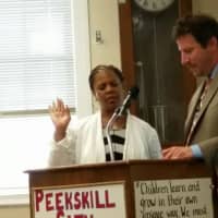 <p>Lisa Aspinall-Kellawon was sworn in recently as president of the Peekskill Board of Education.</p>