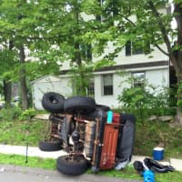 <p>No one was injured in this rollover crash in Bethel on Friday.</p>