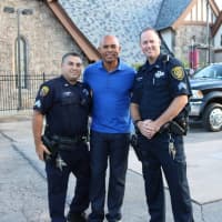 <p>Future Hall of Fame closer Mariano Rivera with members of the New Rochelle police department.</p>