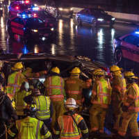 <p>The sedan hydroplaned, struck a fire hydrant, then rolled onto the driver’s side door and slid into a tree on westbound Route 4 in Paramus.</p>