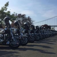 <p>Police bikes are ready to rumble at the foot of the GWB for the 16th Annual HUMC Charity Run and Motorcycle Raffle.</p>