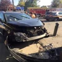 <p>The aftermath of a car crashing into a wall in Croton.</p>