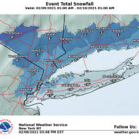 <p>A look at snowfall projection for the storm on Tuesday, Feb. 9 for New York City, Long Island, and surrounding counties.</p>