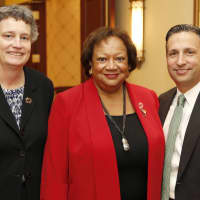 <p>Senator Beth Bye, Chair of the Appropriations Committee; Juanita James, President &amp; CEO of President and CEO of Fairfield County’s Community Foundation; and Senate Majority Leader Bob Duff at the “Advocacy Day” event in Trumbull</p>