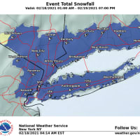 <p>A look at the latest projected snowfall totals in and around New York City and Long Island released by the National Weather Service on Thursday, Feb. 18.</p>