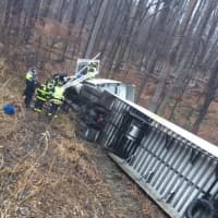 <p>A tractor trailer overturned on I-684 in Armonk on Thursday.</p>