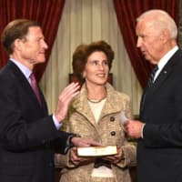 <p>U.S. Sen. Richard Blumenthal, a Democrat from Greenwich, was sworn in Tuesday for his second term by Vice President Joe Biden. With them is his wife, Cynthia Blumenthal.</p>