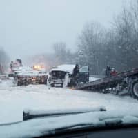 <p>A massive pileup of cars closed I-91 near Middletown on Saturday. The crash involved at least 20 cars and three tractor-trailers.</p>