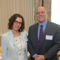 <p>Ossining Town Supervisor Dana Levenberg and Daniel Blum, CEO and president of Phelps Hospital</p>