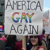 <p>&quot;Make America Gay Again&quot; reads a sign at the New York City Women&#x27;s March.</p>
