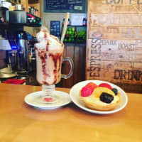 <p>Frozen Chocolate Covered Coconut Coffee with KTB&#x27;s house fruit Tart.</p>