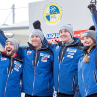 <p>Tucker West, second from right, won silver in the relay as part of Team USA at the luge world championships.</p>