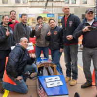 <p>Dale Earnhardt Jr. celebrated the soap box derby event with the New Rochelle firefighters.</p>