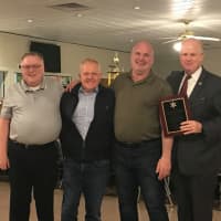 <p>Sgt DiStasio with members of the police department, both active and retired, as well as receiving a commemorative plaque and kind words from Sheriff Gannon,  County Commissioner Douglas Cabana and Mt Arlington Borough Council President Jack Delaney</p>