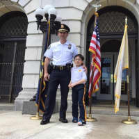 <p>Chief Rotella with his Upper Saddle River &quot;chief.&quot;</p>