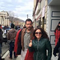 <p>Adam Sandler in Suffern for the filming of The Meyerowitz Stories (New and Selected) with a fan.</p>