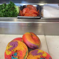 <p>The rainbow bagel at Mount Kisco Bagels is popular with white cream cheese and sprinkles.</p>